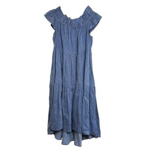 ULLA JOHNSON Olivia Off-the-Shoulder Tiered Ruffle Chambray Denim Linen Dress 2